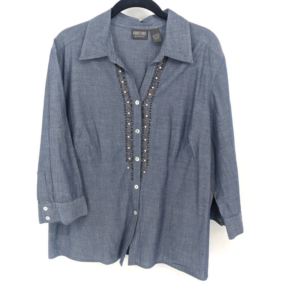 Additions by Chicos‎ Shirt Womens XL Button Front Embellished Top Blouse Tunic